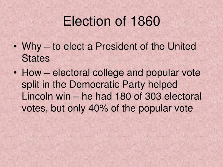 usa why did lincoln win the 1860 election When news of abraham lincoln's election to the presidency reached south carolina on nov 8, 1860, joyful charlestonians took to the streets as if their candidate had won. usa why did lincoln win the 1860 election When news of abraham lincoln's election to the presidency reached south carolina on nov 8, 1860, joyful charlestonians took to the streets as if their candidate had won.