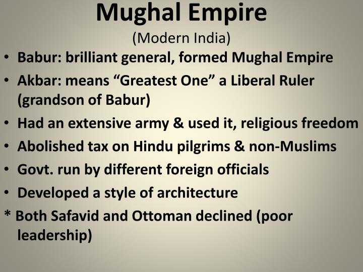 mughal influence on modern india The third gunpowder empire, india's mughal empire, offers perhaps the most dramatic example of modern weaponry carrying the day babur, who founded the empire, was able to defeat ibrahim lodi of the last delhi sultanate at the first battle of panipat in 1526. mughal influence on modern india The third gunpowder empire, india's mughal empire, offers perhaps the most dramatic example of modern weaponry carrying the day babur, who founded the empire, was able to defeat ibrahim lodi of the last delhi sultanate at the first battle of panipat in 1526.
