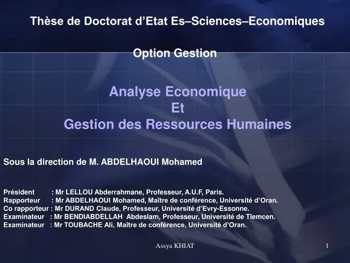 PPT  Thèse de Doctorat d’Etat Es–Sciences–Economiques PowerPoint