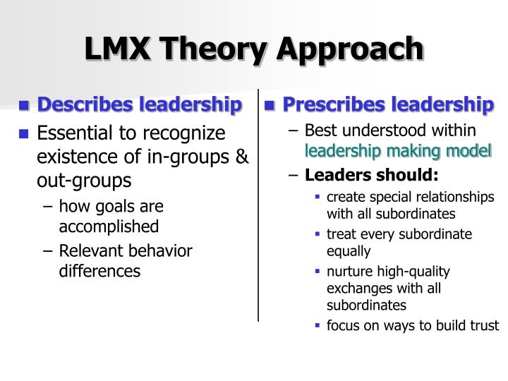 mba lmx theory Organizational behavior mba (friday) case study questions: 1 describe welch’s leadership style using (a) the ohio state dimensions, (b) the managerial grid, and (c) lmx theory. mba lmx theory Organizational behavior mba (friday) case study questions: 1 describe welch’s leadership style using (a) the ohio state dimensions, (b) the managerial grid, and (c) lmx theory.