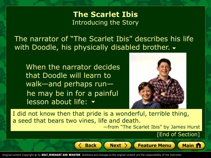 an analysis of doodle in the scarlet ibis by james hurst In the story the scarlet ibis by james hurst the narrator pushes his little brother far beyond his limit character analysis: doodle’s brother. an analysis of doodle in the scarlet ibis by james hurst In the story the scarlet ibis by james hurst the narrator pushes his little brother far beyond his limit character analysis: doodle’s brother.