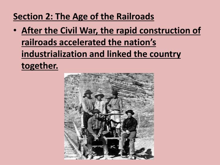 industrialization after the civil war Industrialization after the civil war: cause and effect industrialization after the civil war: cause and effect railroads in 1869, the first transcontinental railroad was completed railroads allowed faster transportation of goods throughout the country railroads itself became an industry. industrialization after the civil war Industrialization after the civil war: cause and effect industrialization after the civil war: cause and effect railroads in 1869, the first transcontinental railroad was completed railroads allowed faster transportation of goods throughout the country railroads itself became an industry.