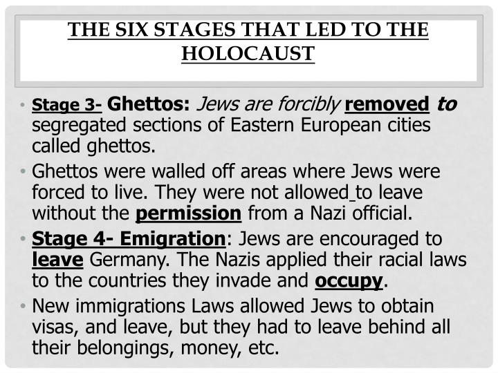 3 stages of the holocaust Stage 3 camps across germany many thousands of communists, socialists, church leaders and anyone else who might criticise the nazis were rounded up by the local police and sa and ss they were put into ghettos. 3 stages of the holocaust Stage 3 camps across germany many thousands of communists, socialists, church leaders and anyone else who might criticise the nazis were rounded up by the local police and sa and ss they were put into ghettos.