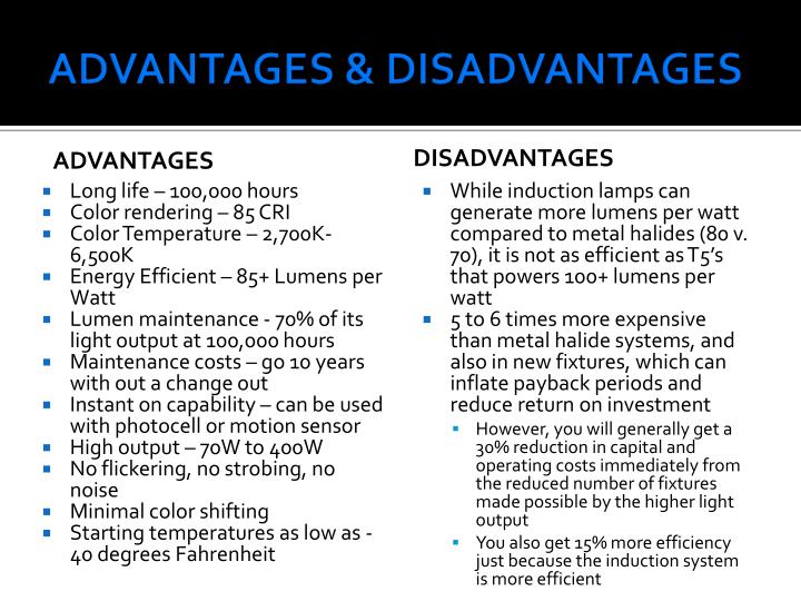 disadvantages of induction lighting Led versus induction lighting published: thursday application because of the ability to miniaturise same and its use in blue-light technology disadvantages. disadvantages of induction lighting Led versus induction lighting published: thursday application because of the ability to miniaturise same and its use in blue-light technology disadvantages.