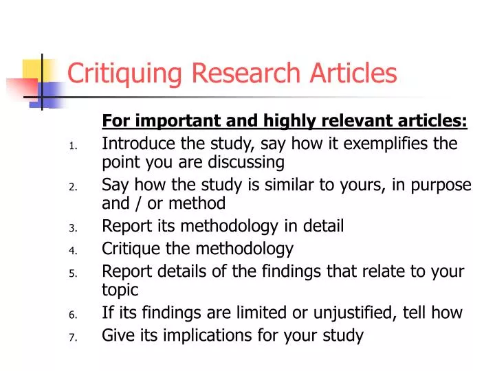 First of all, choose a written dissertation published within the last five years for writing your dissertation critique. Sample Story For Critiquing : PPT - Critiquing Research Articles PowerPoint Presentation ...