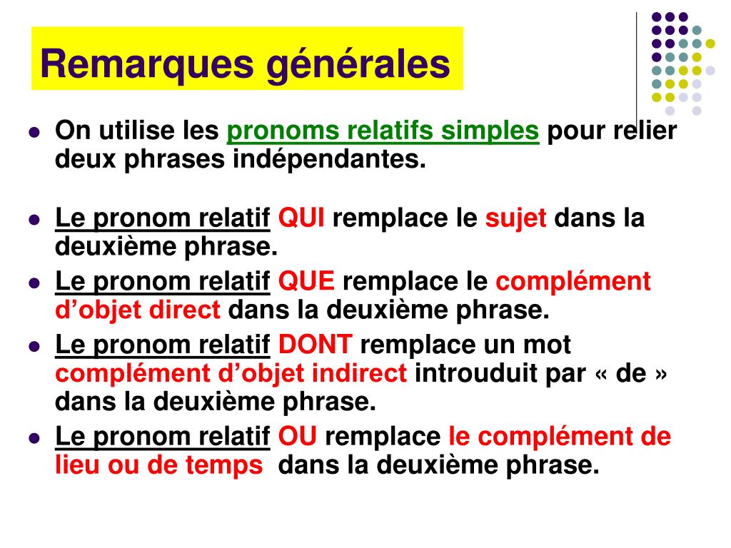 PPT - Les pronoms relatifs simples PowerPoint Presentation, free ...