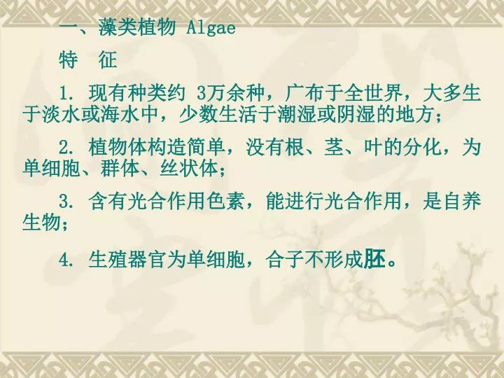 Ppt 一 藻类植物algae 特征1 现有种类约3 万余种 广布于全世界 大多生于淡水或海水中 少数生活于潮湿或阴湿的地方 Powerpoint Presentation Id