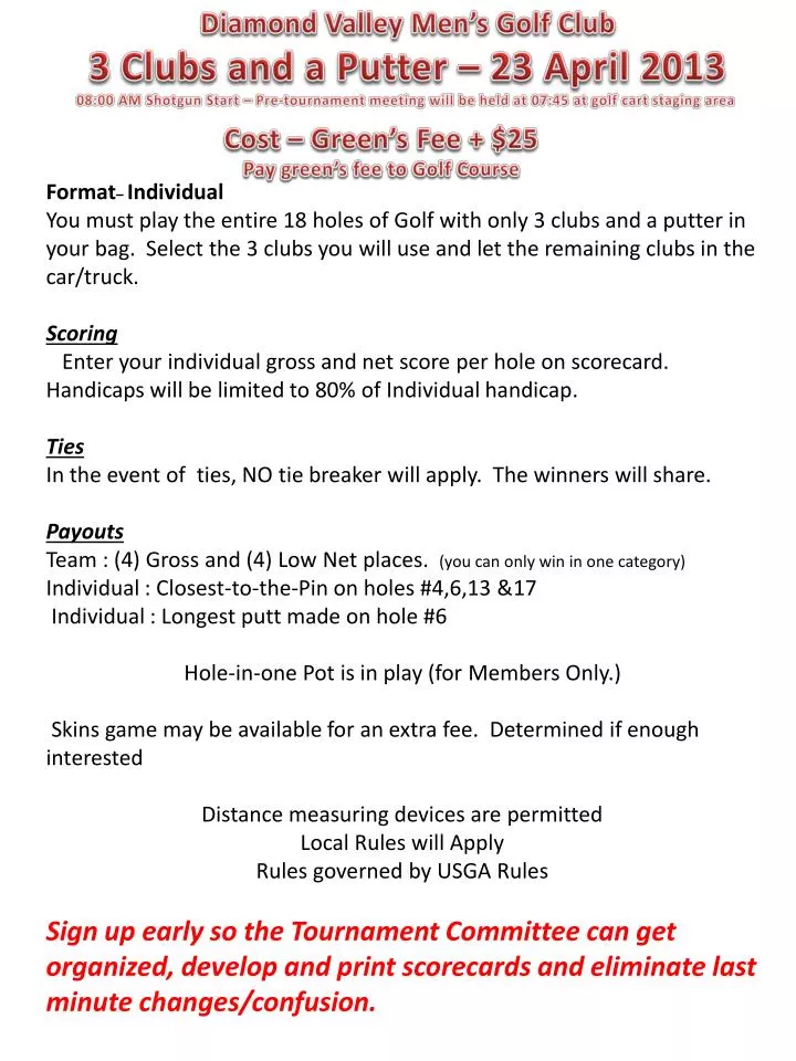 PPT Diamond Valley Men’s Golf Club 3 Clubs and a Putter 23 April