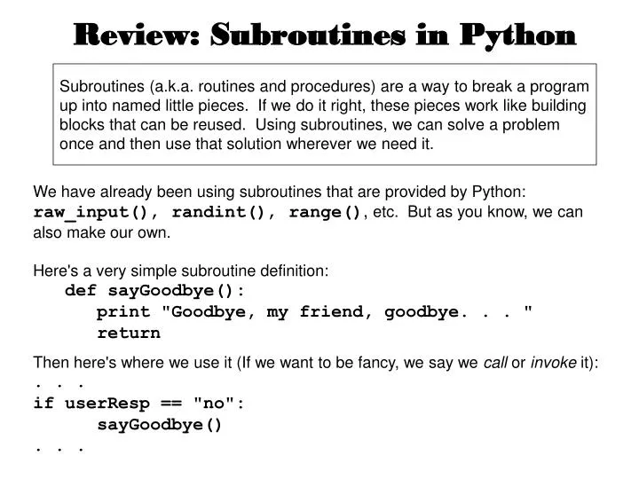 PPT - Review: Subroutines in Python PowerPoint Presentation, free ...