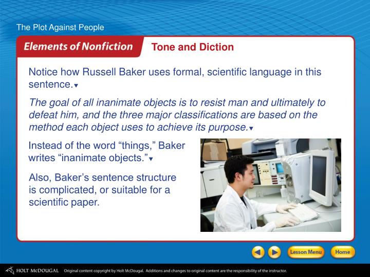 Ppt The Plot Against People Humorous Essay By Russell Baker Tone And Diction Notice How Russell Baker Example Of A Good Thesis Statement For An Essay also Research Essay Proposal Example English Essay Friendship