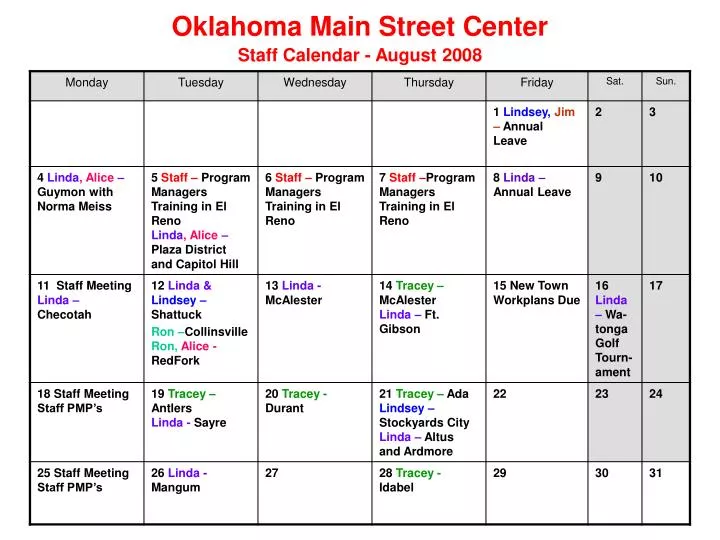 oklahoma main street center staff calendar august 2008 n.