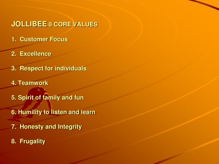core value of jollibee Jollibee is a company that values family and setting children with superior value their fast growth success is mainly due to being high selective core values. core value of jollibee Jollibee is a company that values family and setting children with superior value their fast growth success is mainly due to being high selective core values.