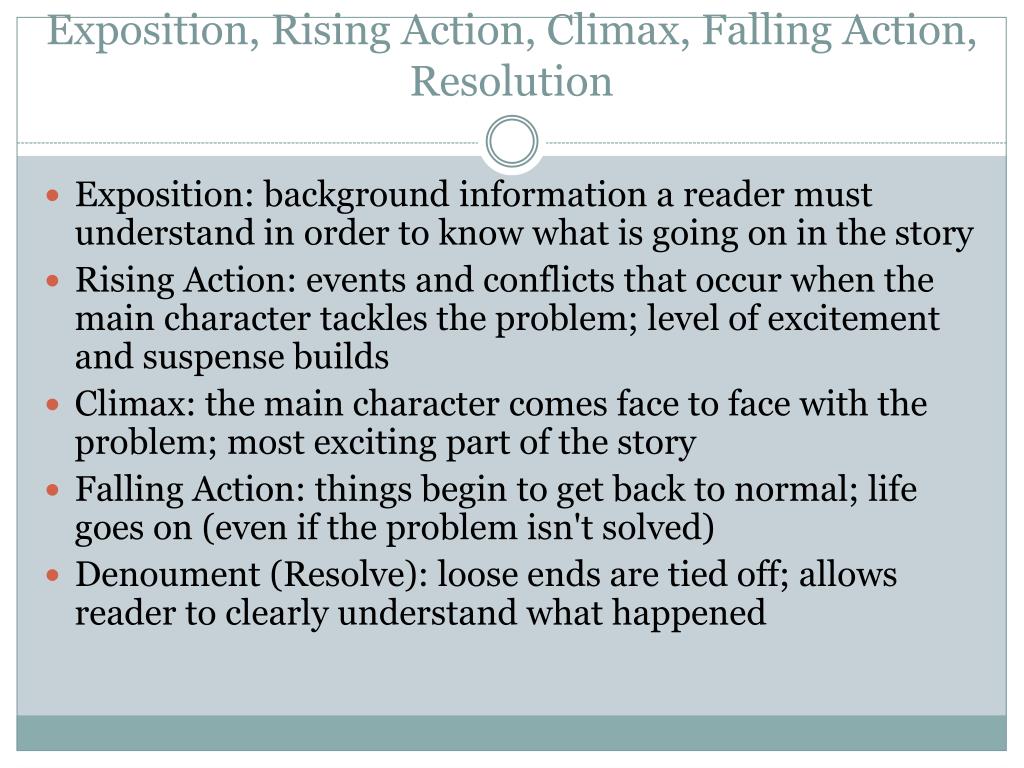 PPT - Exposition Rising Action Climax Falling Action Resolution PowerPoint  Presentation - ID:2664252