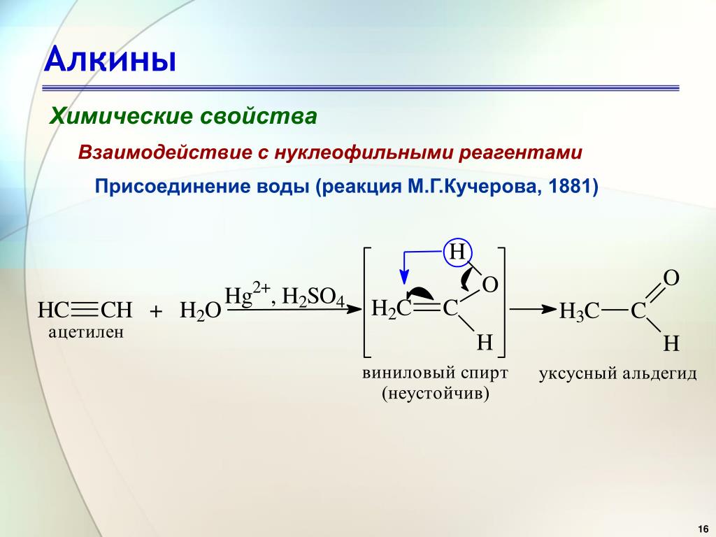Взаимодействие ацетилена с водой реакция. Алкины химические свойства реакция Кучерова. Химические свойства алкинов реакции Кучерова. Алкины. Взаимодействие с нуклеофильными реагентами. Реакция взаимодействия воды и алкинов.