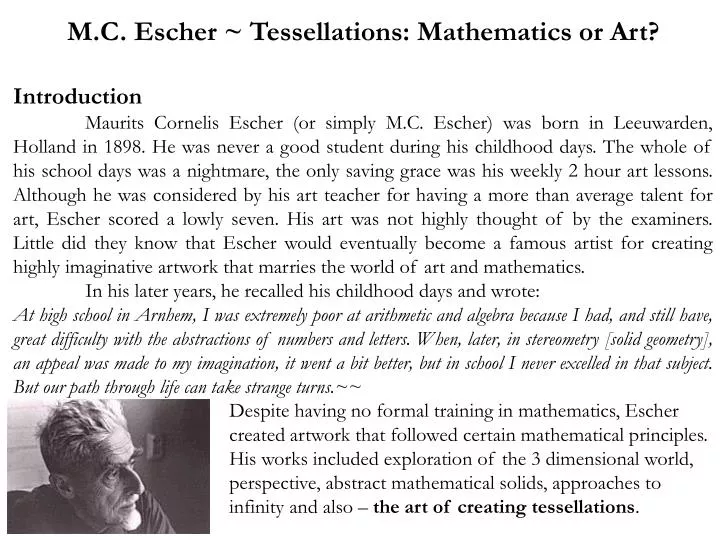 an introduction to the achievements of m c escher Loxodromic spirals in mc escher’s sphere surface1 james marcotte department of mathematics, university of rhode island, kingston, ri, usa jamesmarcotte@myuriedu. an introduction to the achievements of m c escher Loxodromic spirals in mc escher’s sphere surface1 james marcotte department of mathematics, university of rhode island, kingston, ri, usa jamesmarcotte@myuriedu.