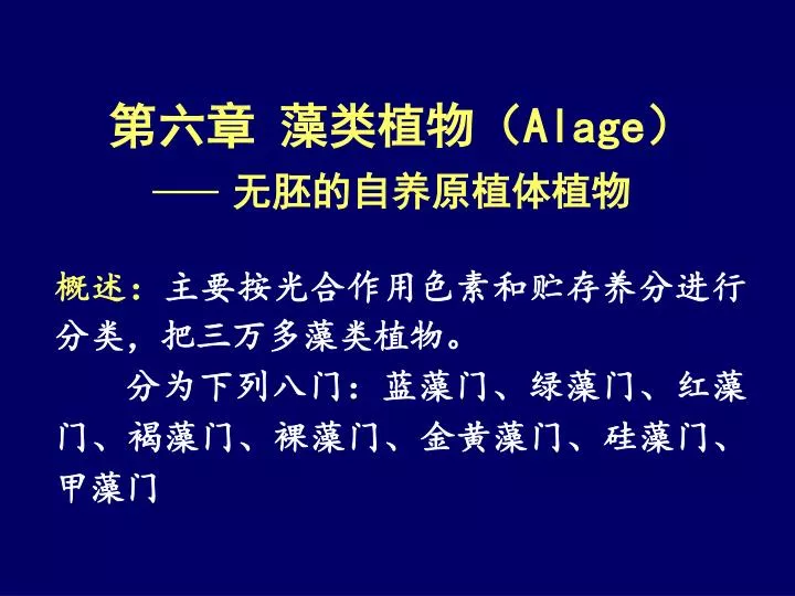 Ppt 第六章藻类植物 Alage 无胚的自养原植体植物概述 主要按光合作用色素和贮存养分进行分类 把三万多藻类植物 Powerpoint Presentation Id