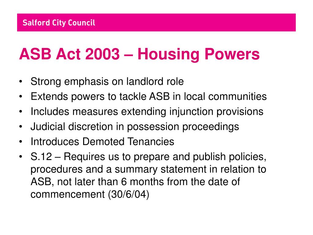 PPT AntiSocial Behaviour Act 2003 Housing Powers PowerPoint Presentation ID5538299