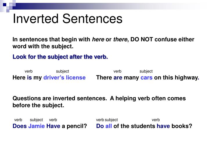 Inverted Sentences Subject Verb Agreement Worksheets