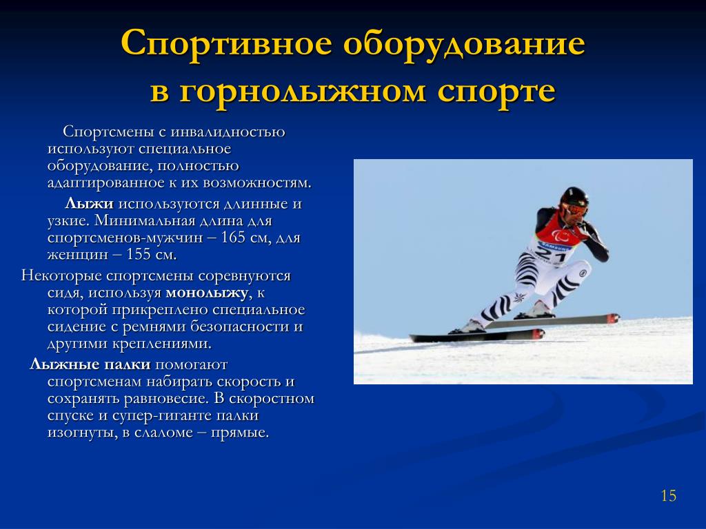Какие виды спорта относятся к лыжному спорту. Инвентарь для зимних видов спорта. Виды лыжного спорта. Горные лыжи презентация. Спортивное снаряжение лыжи.