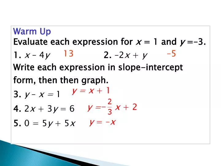 slope intercept form x=4
PPT - Warm Up Evaluate each expression for x = 17 and y =–17 ... slope intercept form x=4
PPT - Warm Up Evaluate each expression for x = 17 and y =–17 ...