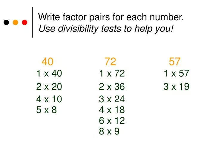 PPT Write factor pairs for each number. Use divisibility