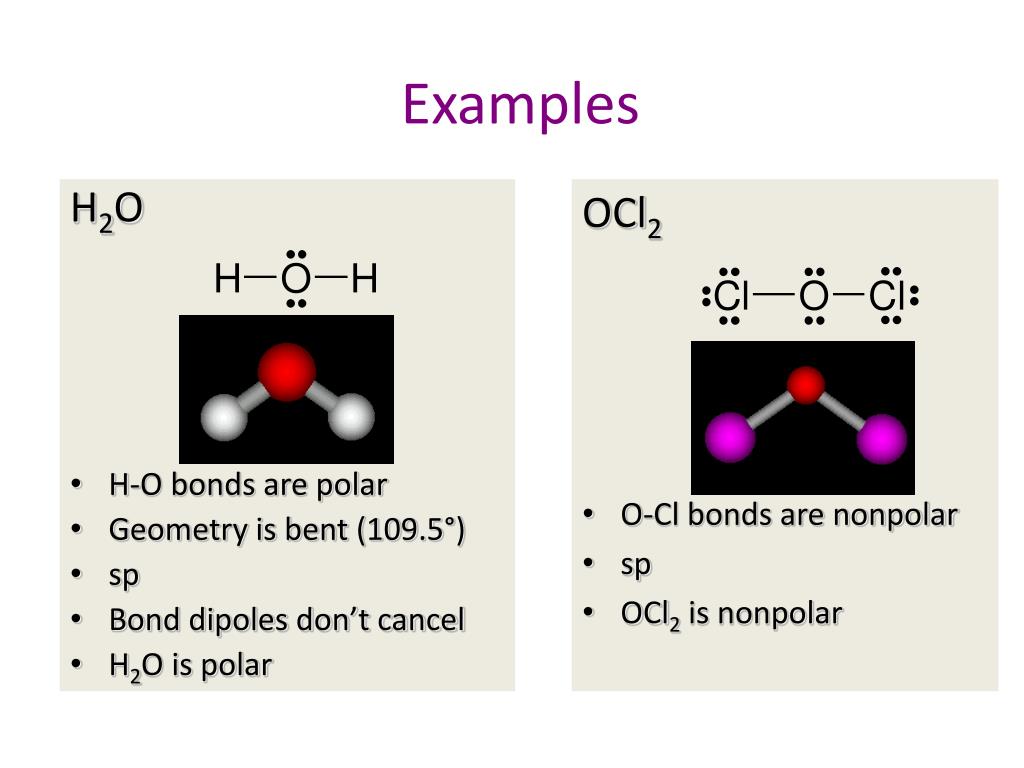 (109.5 °) * sp * Bond dipoles don’t cancel * H2O is polar OCl2 * O-Cl bonds...