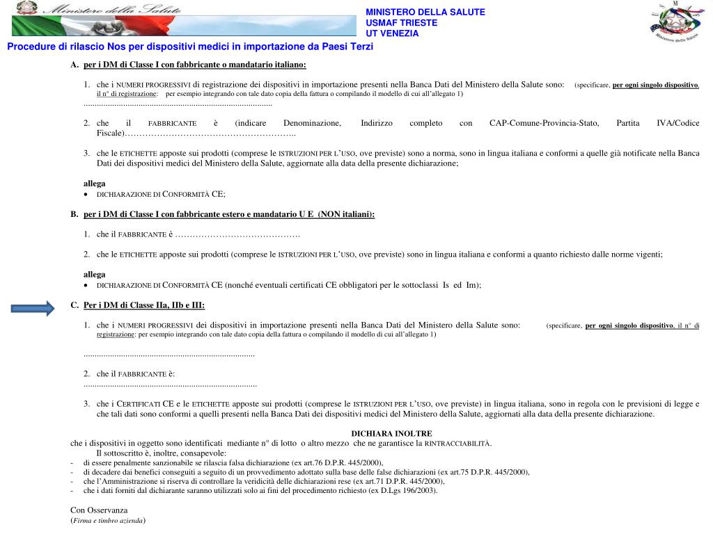 Modulo Rilascio Medical Device Example PPT - MINISTERO DELLA SALUTE USMAF TRIESTE UT VENEZIA PowerPoint ...