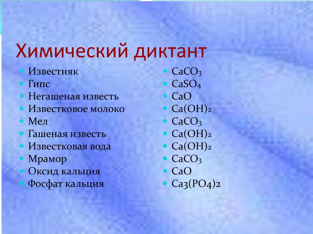 Название соединения caco3. Химический диктант. Химический диктант по химии. Химический диктант кислоты. Химический диктант по формулам.