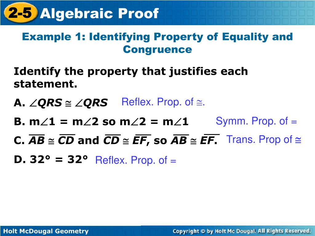 PPT - Review properties of equality and use them to write algebraic ...