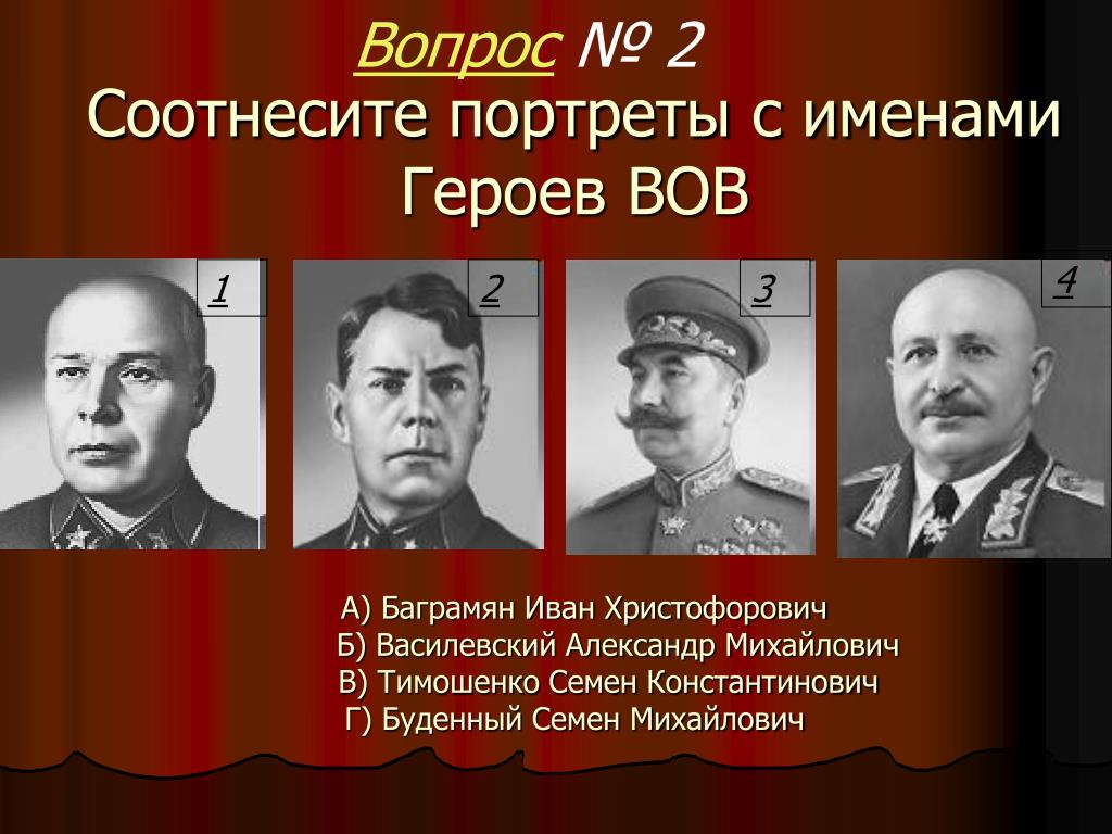 Соотнесите имя героя. Соотнесите портреты. Жуков герой Великой Отечественной войны. Ворошилов Буденный Тимошенко.