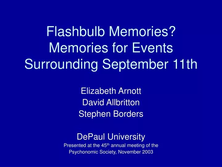 flashbulb memories A flashbulb memory is a memory laid down in great detail during a highly personally significant event, often a shocking event of national or international importance these memories are perceived to have a photographic quality. flashbulb memories A flashbulb memory is a memory laid down in great detail during a highly personally significant event, often a shocking event of national or international importance these memories are perceived to have a photographic quality.