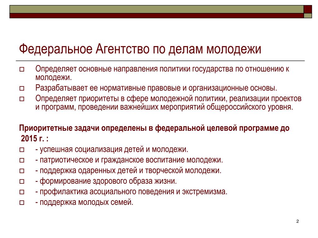 Федеральное агентство по делам молодежи презентация