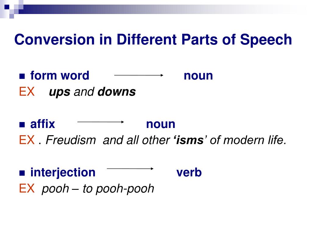 Different part. The Part of Speech formed. Conversion Word formation. Noun form of Word different. Conversion Nouns.