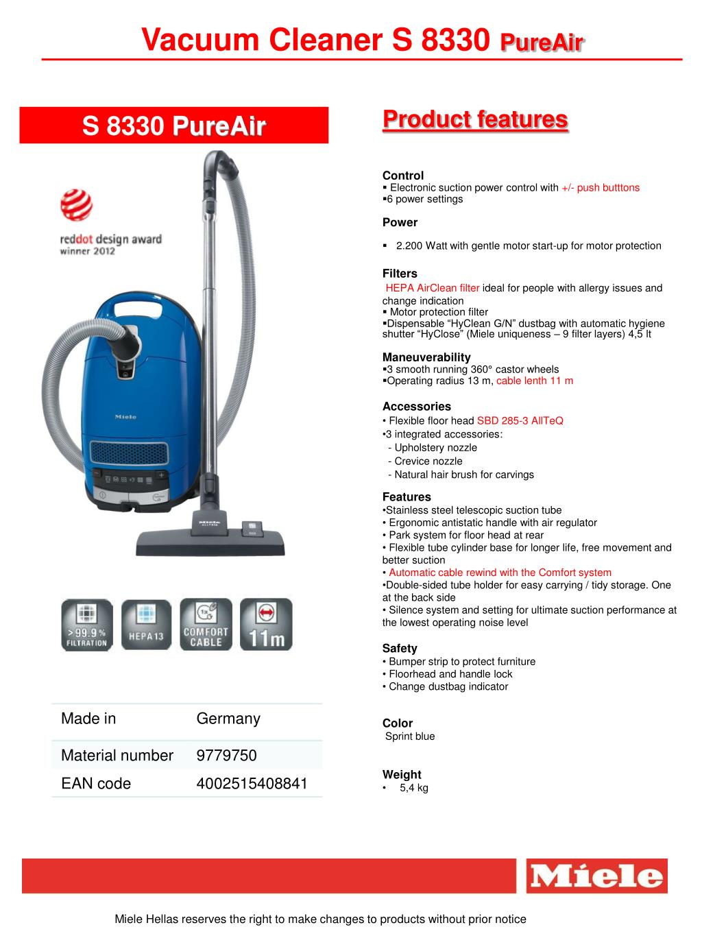 PPT - Vacuum Cleaner S 8330 PureAir PowerPoint Presentation, free download  - ID:5707740