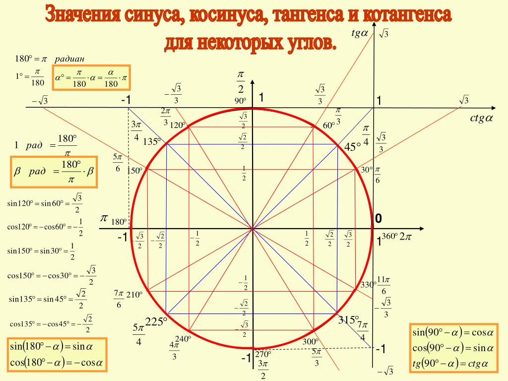 Произведение тангенсов равно 1. Тригонометрический круг таблица синусов. Таблица синусов на окружности. Значение тригонометрических функций некоторых углов окружности. Таблица синусов и косинусов тангенсов и котангенсов на окружности.
