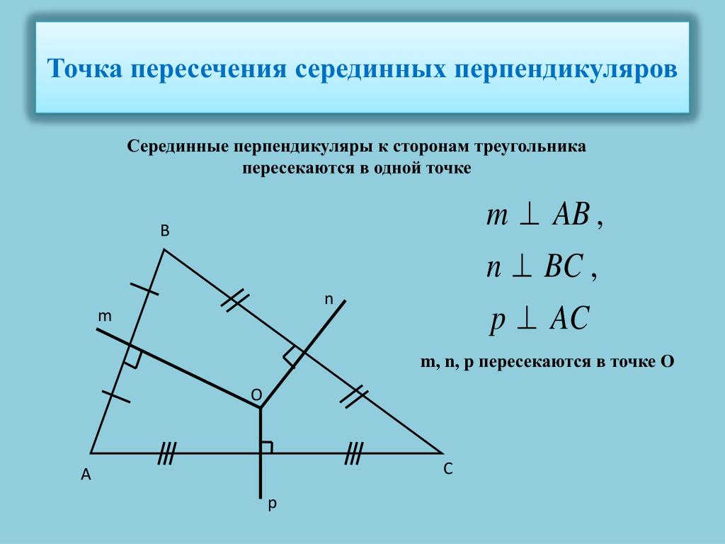 Известно что точка пересечения серединных перпендикуляров. Точка пересечения серединных перпендикуляров треугольника. Точка пересечения средних перпендикуляров. Пересечение серединных перпендикуляров. Точка пересечения серединных перпендикуляров к сторонам.