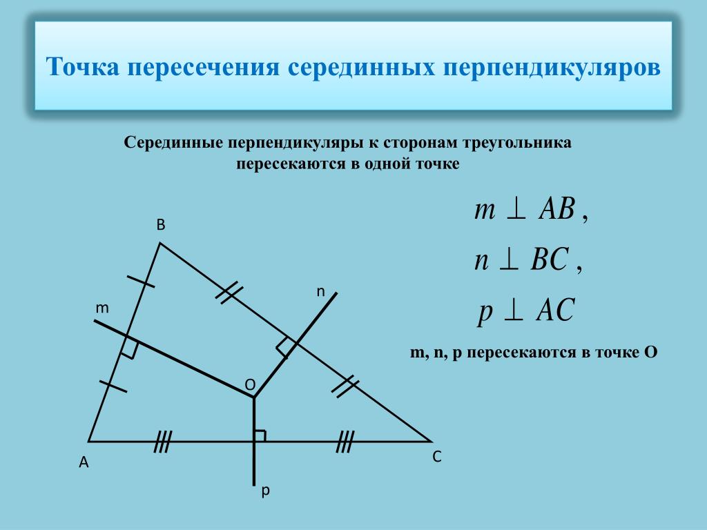 Прямые перпендикулярные сторонам треугольника. Точка пересечения серединных перпендикуляров. Точка пересечения серединных перпендикуляров треугольника. Пересечение серединных перпендикуляров. Точка пересечения серединных перпендикуляров к сторонам.