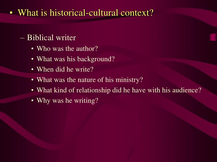historical cultural context discussion questionsl Help center detailed answers to any questions you might have what was the historical and cultural context of baptism in the time of christ up vote 5 down vote. historical cultural context discussion questionsl Help center detailed answers to any questions you might have what was the historical and cultural context of baptism in the time of christ up vote 5 down vote.