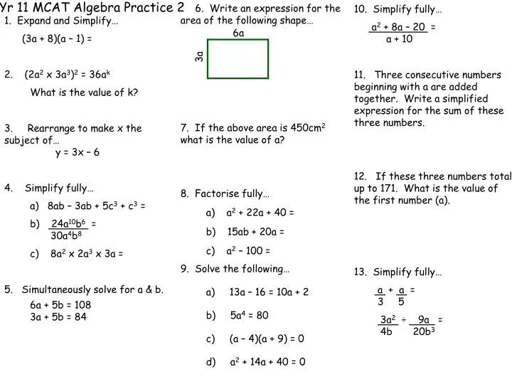 Ppt Yr 11 Mcat Algebra Practice 2 Powerpoint Presentation Free Download Id