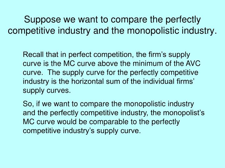 an introduction to the comparison of the perfect competition and a monopoly Monopolistic competition: is called monopolistic competition a monopolistic competition exists when we've got perfect competition, monopoly. an introduction to the comparison of the perfect competition and a monopoly Monopolistic competition: is called monopolistic competition a monopolistic competition exists when we've got perfect competition, monopoly.
