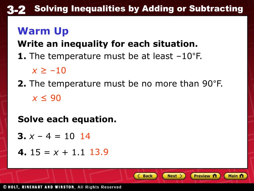 PPT - Warm Up Write an inequality for each situation. PowerPoint