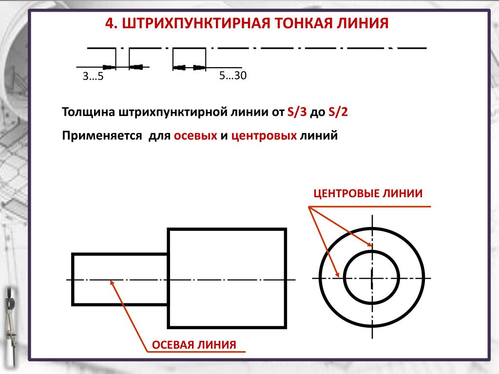 Какие линии есть на чертеже. Осевая линия на чертеже. Штрихпунктирная тонкая линия на чертеже. Осевые и центровые линии на чертеже. Осевые и центровые линии на чертеже изображаются.