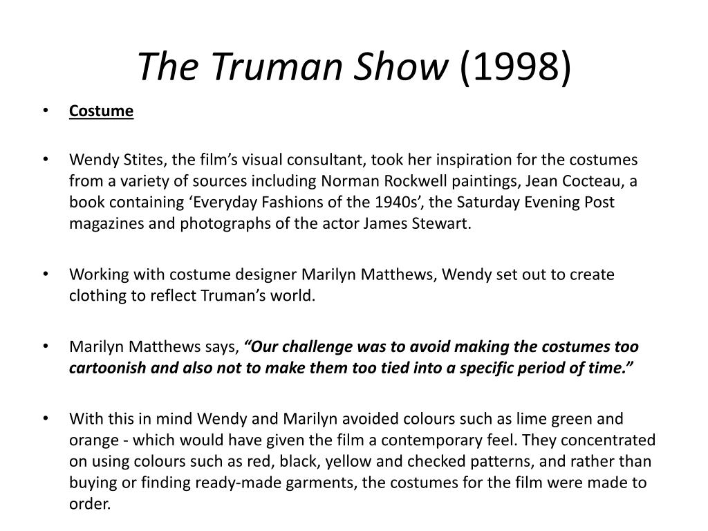 The Truman Show (1998) Mise en scene - ppt video online download