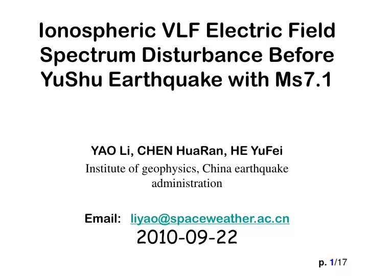 ionospheric vlf electric field spectrum disturbance before yushu earthquake with ms7 1 n.