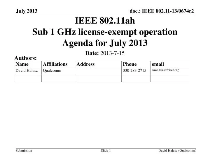 ieee 802 11ah sub 1 ghz license exempt operation agenda for july 2013 n.