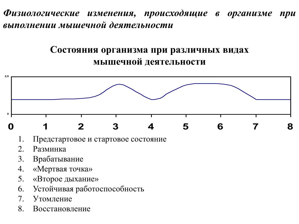 Состояние организма возникающее в результате деятельности. Физиологическое состояние организма. График восстановления работоспособности. Мертвая точка в спорте. Физиологические изменения в предстартовом состоянии организма.