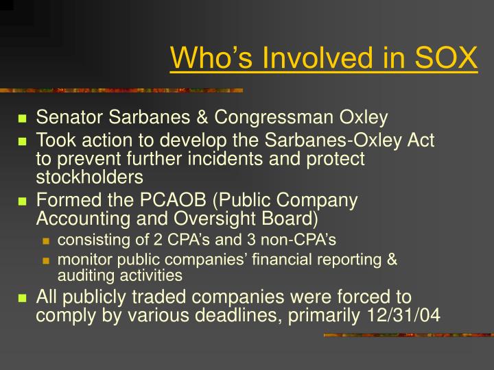 sox act and purpose of pcaob Sarbanes-oxley also requires mandatory rotation of the lead audit partner by prohibiting the same partner from performing audit services for an issuer for more than five consecutive fiscal years based on the language in the concept release, it appears that the pcaob believes sarbanes-oxley did not complete the task of assuring auditor. sox act and purpose of pcaob Sarbanes-oxley also requires mandatory rotation of the lead audit partner by prohibiting the same partner from performing audit services for an issuer for more than five consecutive fiscal years based on the language in the concept release, it appears that the pcaob believes sarbanes-oxley did not complete the task of assuring auditor.