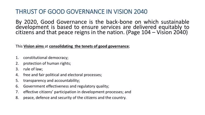 thrust of good governance in vision 2040 n.