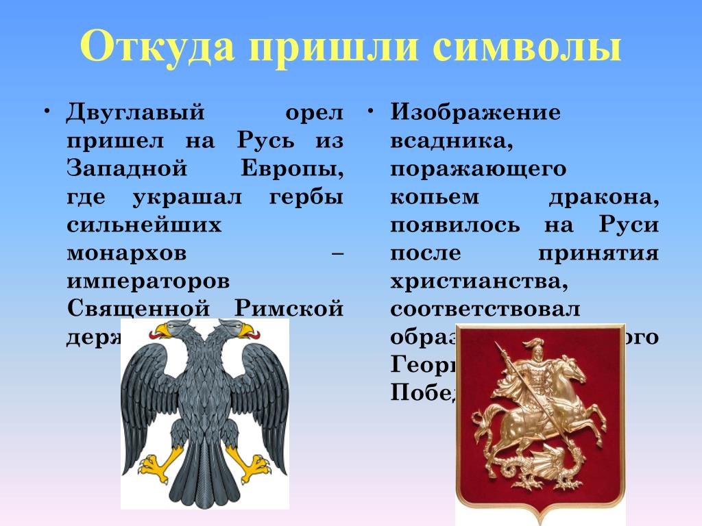 Герб с орлом какой город. Откуда двуглавый Орел. Двуглавый орёл символ чего. Герб орла. Появление двуглавого орла на гербе России.