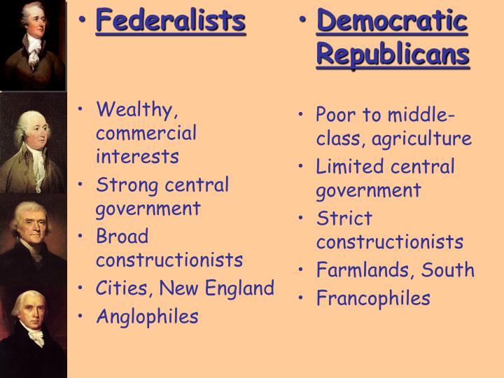 federalists v republicans The anti-federalists (the party of thomas jefferson, more or less) were the precursor of (watch this carefully now) a party called the republican party, which eventually in the 1820s and 30s split into the democratic republican party, or democrats, led by andrew jackson, and the national republicans, or whigs, led by henry clay. federalists v republicans The anti-federalists (the party of thomas jefferson, more or less) were the precursor of (watch this carefully now) a party called the republican party, which eventually in the 1820s and 30s split into the democratic republican party, or democrats, led by andrew jackson, and the national republicans, or whigs, led by henry clay.